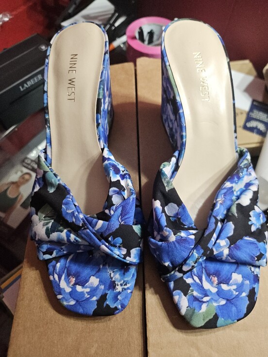 Nine West Shoes - New Nine West Blue Floral Knot-Front Slip-On Mules